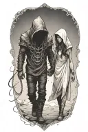 a girl and a huge hooded beast or demon walking side by side holding hands tattoo design idea