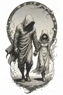 a girl and a huge hooded beast or demon walking side by side holding hands tattoo design idea