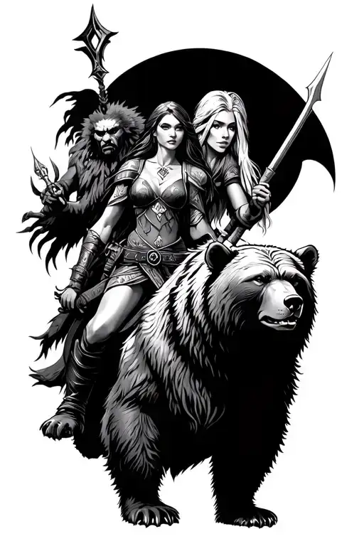 dungeons and dragons theme with 4 characters. a female druid riding a bear, a sorcerer, a female rogue and a goblin tattoo design idea