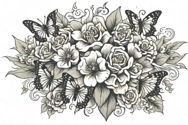 jade flower bouquet with butterflies memorial for scalp tattoo design idea