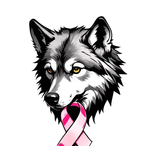 wolf head wearing cancer ribbon intertwined tattoo design idea