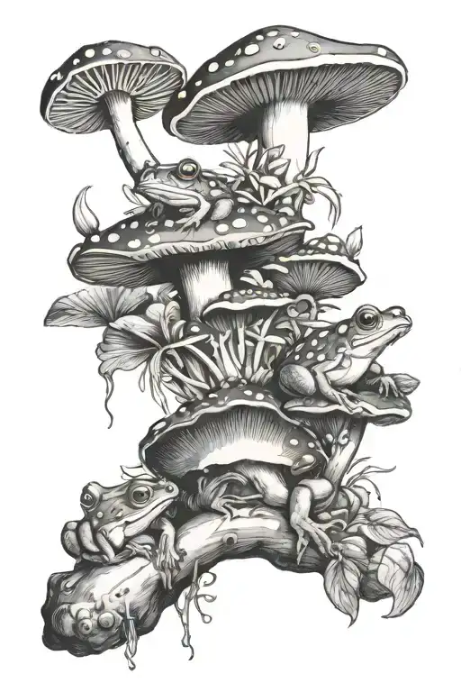 mushrooms and frogs tattoo design idea