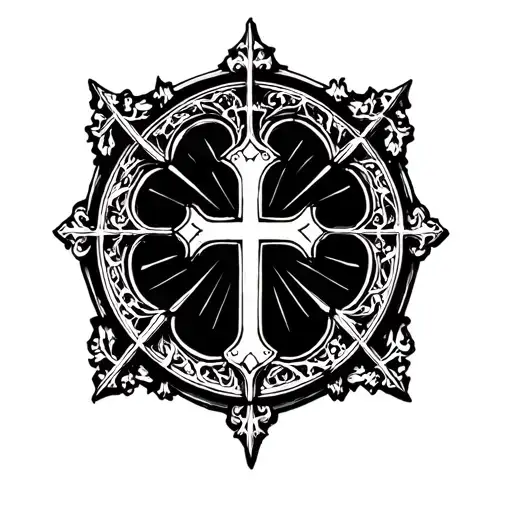 Gothic cathedral window with cross and arabesques, bold stencil linework. tattoo design idea