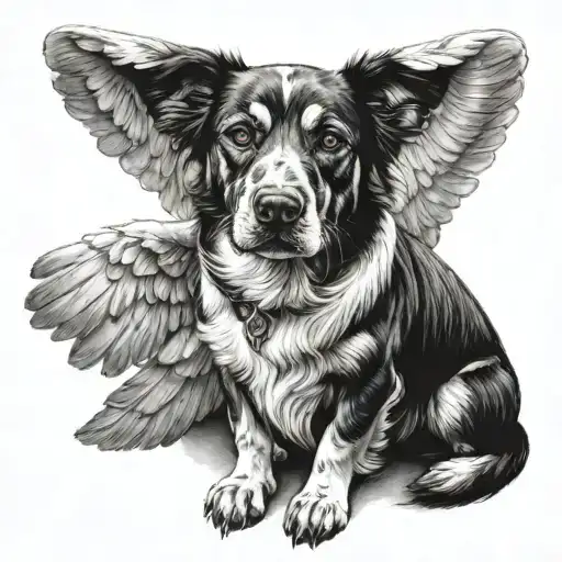 dog, angel wings, birthday, deathday tattoo design idea