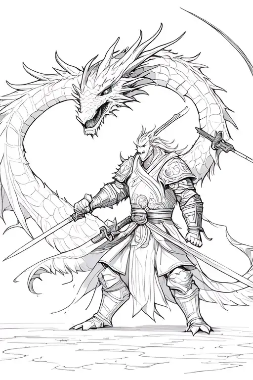 the divine dragon boss from sekiro: shadows die twice, a mythical ancient boss looking down at a knight holding up sword tattoo design idea