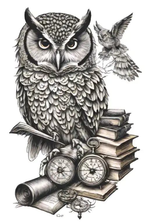 owl with books and compass surrounded tattoo design idea