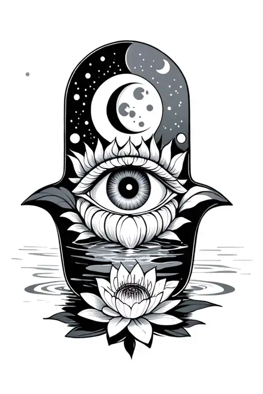 Hamsa hand with eye surrounded by moon phase and water Lilly  tattoo design idea