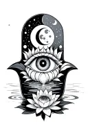 Hamsa hand with eye surrounded by moon phase and water Lilly  tattoo design idea