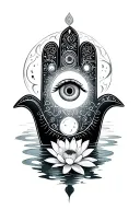 Hamsa hand with eye surrounded by moon phase and water Lilly  tattoo design idea