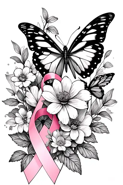 flowers and butterflies with breast cancer ribbon dainty  tattoo design idea