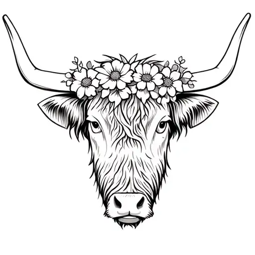 highland cow head with flowers intertwined tattoo design idea