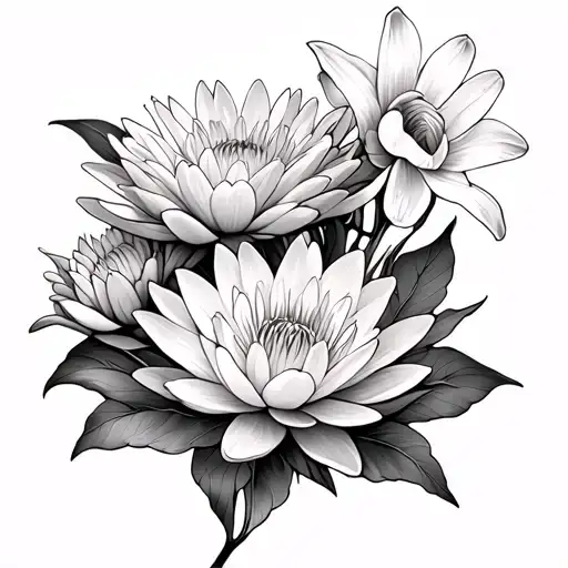 water lily and chrysanthemum and daffodil flowers intertwined tattoo design idea