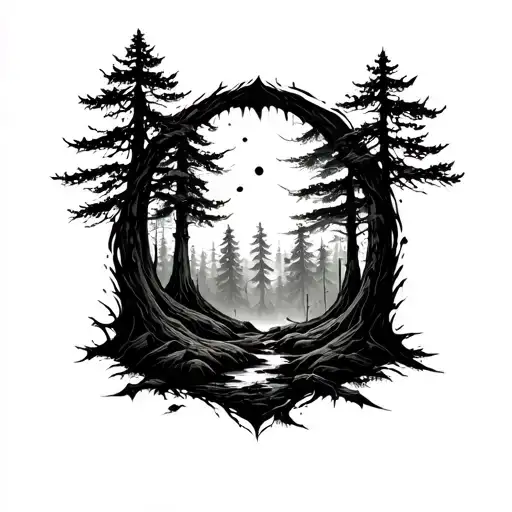 Cyber sigilism forest scene tattoo design idea