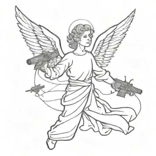 angel with gun and aircraft flying tattoo design idea