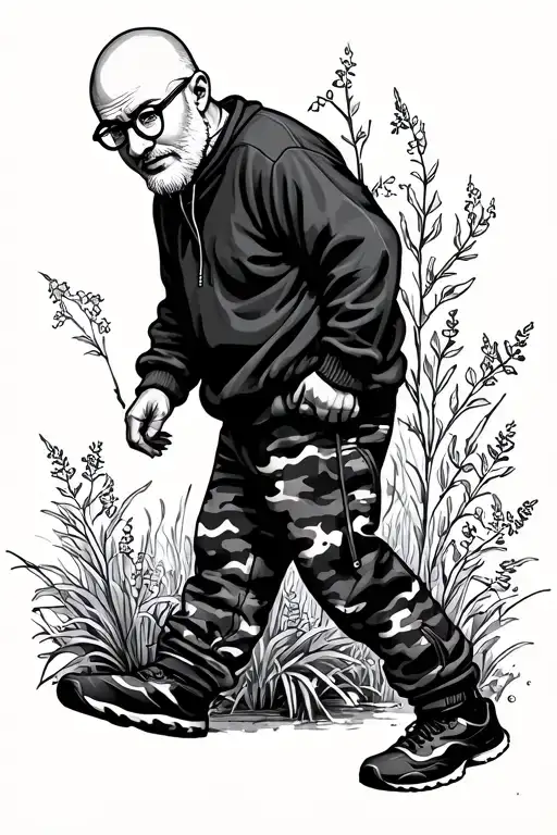 garden nome that is bald with glasses and a walking and is waring a jumper with black and white camo jogging bottoms on  tattoo design idea