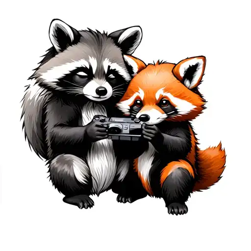 A sleeping fox, a gaming raccoon, and a red panda eating living together tattoo design idea