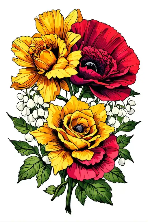 2 roses, 2 poppies,  carnation,  daffodil,  chrysanthemum, Lilly of the valley,  marigold,  narcissus  tattoo design idea