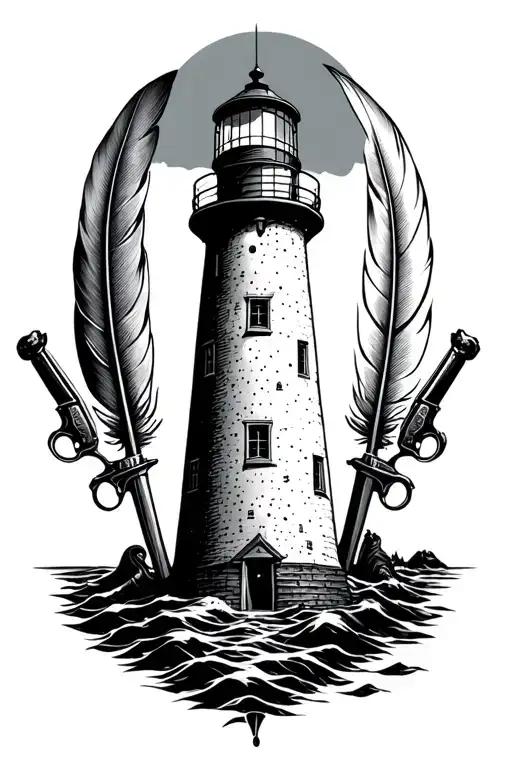 lighthouse in the middle with a quill & compass one both sides & a pistol & cutlass facing the opposite way behind tattoo design idea