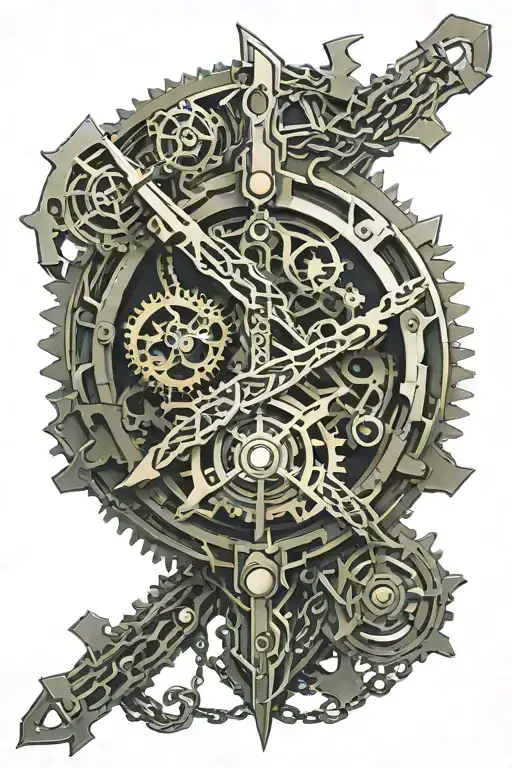 mechanical gear on broken dragon shield and chain sword tattoo design idea
