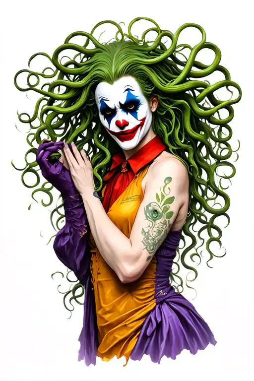 medusa with joker mask holding tattoo design idea