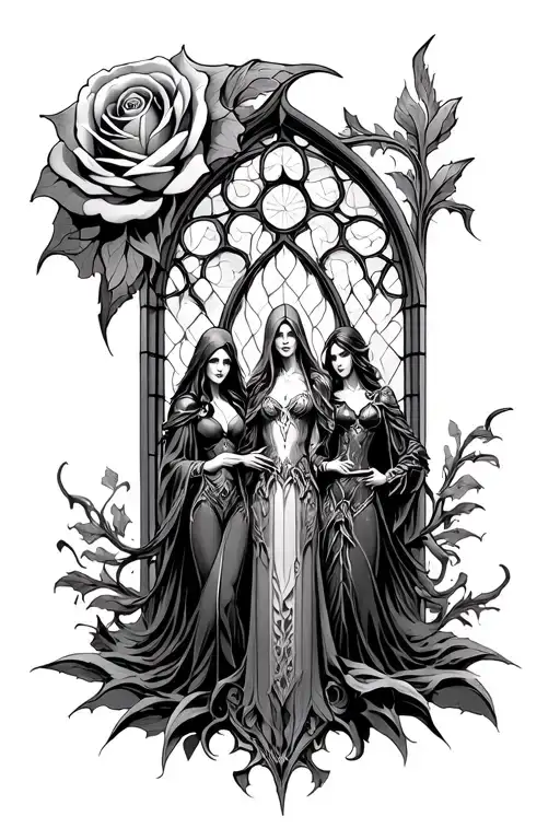 In the background, a Gothic stained glass with a large rosette, in the foreground Sylvanas de Wow, Kerrigan de Starcraft, and Lilith de tattoo design idea
