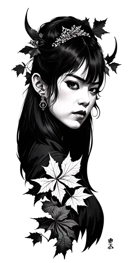 Demonic Asian Woman, Wu-Tang emblem, Japanese maple leaves, Ginkgo leaves tattoo design idea