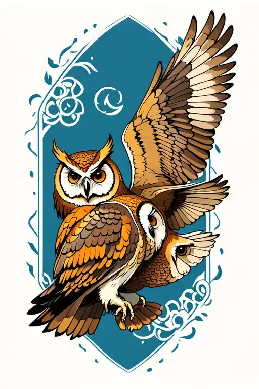 I want a tattoo design featuring two twin owls in flight tattoo design idea