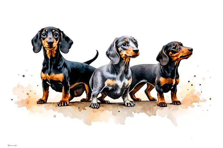 3 adult dachshunds 1 black and tan, 1 silver dapple, 1 chocolate dapple tattoo design idea