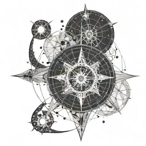 Tattoo on the back side of the leg for a seaman using compass and astronomical symbolic like constellations or moon phas tattoo design idea