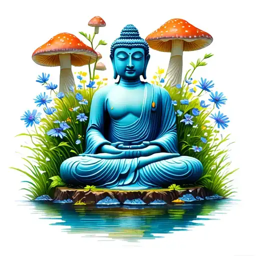 A serene landscape with a Buddha statue surrounded by bluegrass flowers and mushrooms tattoo design idea