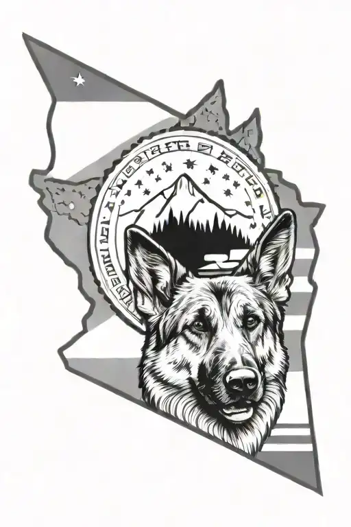 portrait of German shepherd saying "diabetic" mountain scene American flag tattoo design idea
