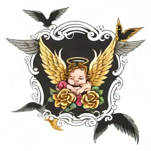 babys foor print with angle wings on each side with halo in the middle  tattoo design idea