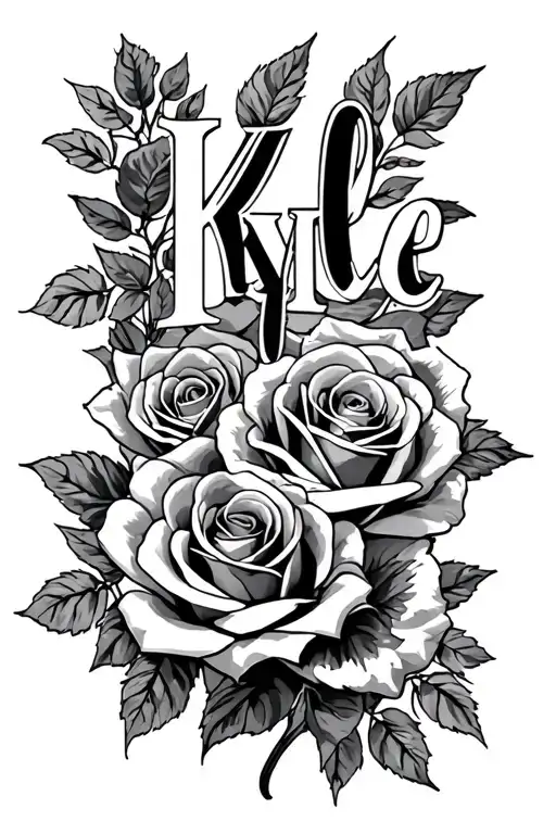 letters kyle for arm written vertically with roses black and gray tattoo design idea