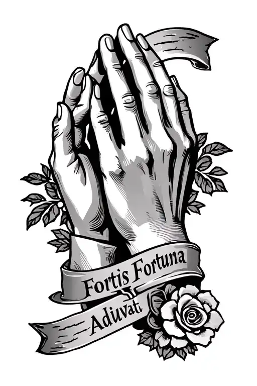 praying hands with rosrey and ribbion saying 'Fortis Fortuna Adiuvat' tattoo design idea