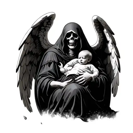 grim reaper holding a dead baby angel tattoo design idea