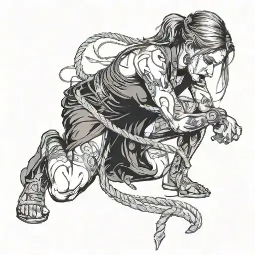 girl bound by rope kneeling with a flogger in front of her  tattoo design idea