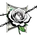 100 dollar bill rose with barb wire tattoo design idea