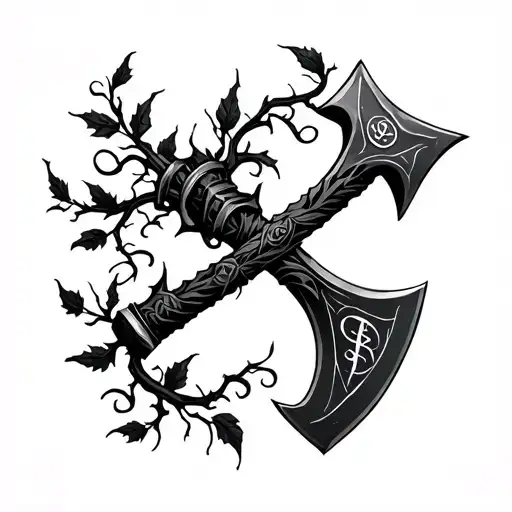 leaves of lorien solid black on vines spiralling down forearm, hyper detailed viking axe with runes tangled in the vines tattoo design idea