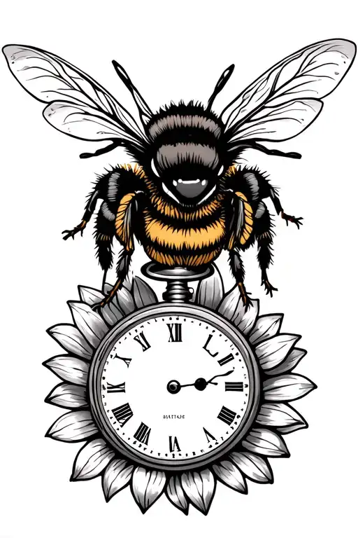a bumble bee ontop of a pocket watch with a sunflower below it  tattoo design idea
