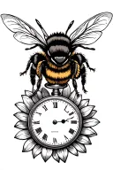a bumble bee ontop of a pocket watch with a sunflower below it  tattoo design idea