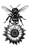a bumble bee ontop of a pocket watch with a sunflower below it  tattoo design idea
