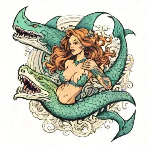 mermaid with large breast swimming with crocodile and shark tattoo design idea