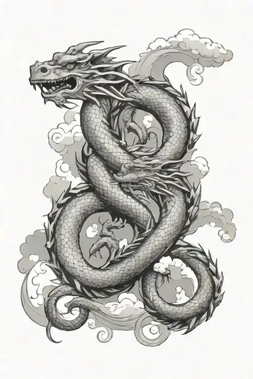 two dragons intertwined with their bodies and clouds along the edge tattoo design idea
