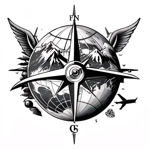 tattoo design white and black featuring compass, mountain, earth globe, world map, and airplane elements symbolizes a pa tattoo design idea