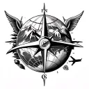 tattoo design white and black featuring compass, mountain, earth globe, world map, and airplane elements symbolizes a pa tattoo design idea