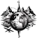 tattoo design white and black featuring compass, mountain, earth globe, world map, and airplane elements symbolizes a pa tattoo design idea
