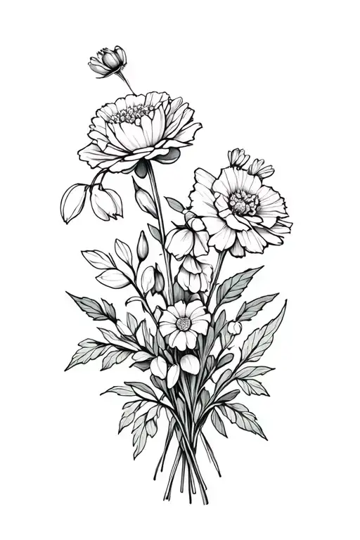 carnation, rose, aster, snowdrop, narcissus flower bouquet tattoo design idea