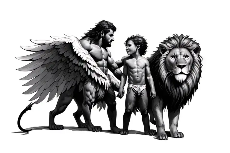 father with daughter and son wings lion tattoo design idea