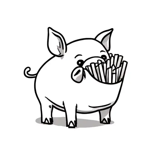cartoon pig eating French fries tattoo design idea
