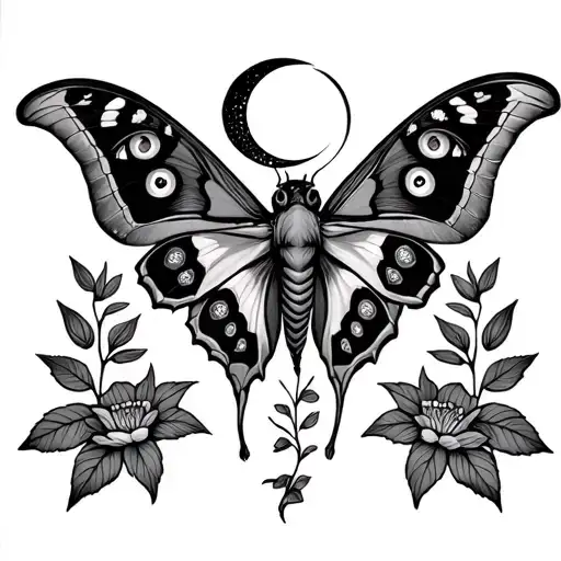 Atlas moth with human eyes on wings, crescent moon on top, sone leaves and flowers at the sides for aesthetic  tattoo design idea